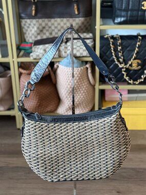 Brighton Woven Hobo Shoulder Bag Black Tan Straw Look Leather Trim Floral Lining